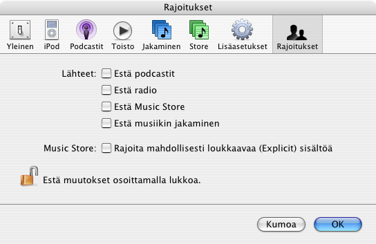 Varmista, ett Rajoitukset-kohdan ruutu Est podcastit ei ole
valittuna.